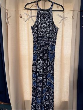 Printed Navy and Blue Halter Maxi Dress